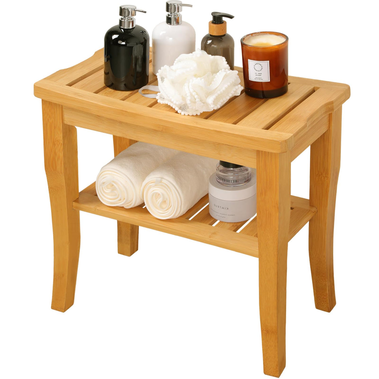 VVW Bamboo Shower Bench - Bathroom Bench Seat with Storage Shelf,19 Inch 2-Tier Wooden Spa Seat Bath Stool for Adults Women Elderly Seniors Wood Shower Chair for Bathtub or Small Spaces(Beige) VVW
