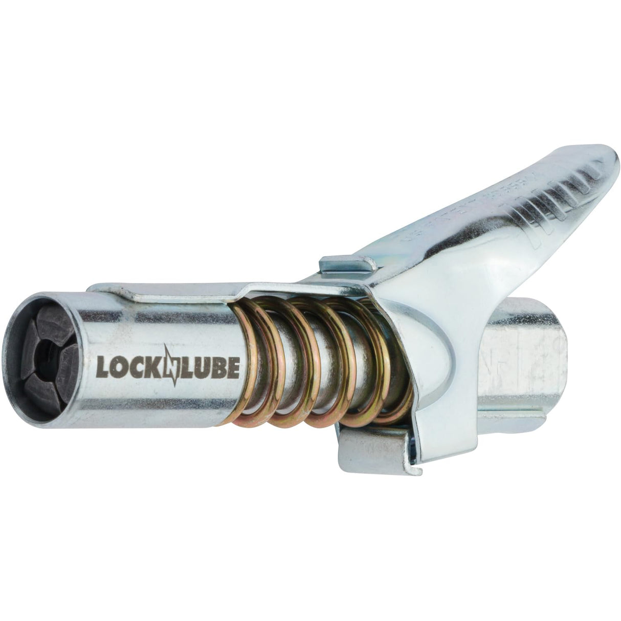 LockNLube Grease Gun Coupler locks onto Zerk fittings. Grease goes in, not on the machine. World's best-selling original locking grease coupler. Rated 10,000 PSI. Long-lasting rebuildable tool. LockNLube