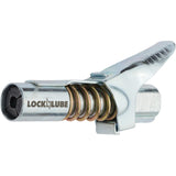 LockNLube Grease Gun Coupler locks onto Zerk fittings. Grease goes in, not on the machine. World's best-selling original locking grease coupler. Rated 10,000 PSI. Long-lasting rebuildable tool. LockNLube