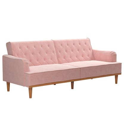 Mr. Kate Stella 80 Inch Futon Sofa Bed in Velvet Fabric, Modern Upholstered Couch Sleeper with Button Tufted Back and Wood Trim, Pink - WoodArtSupply