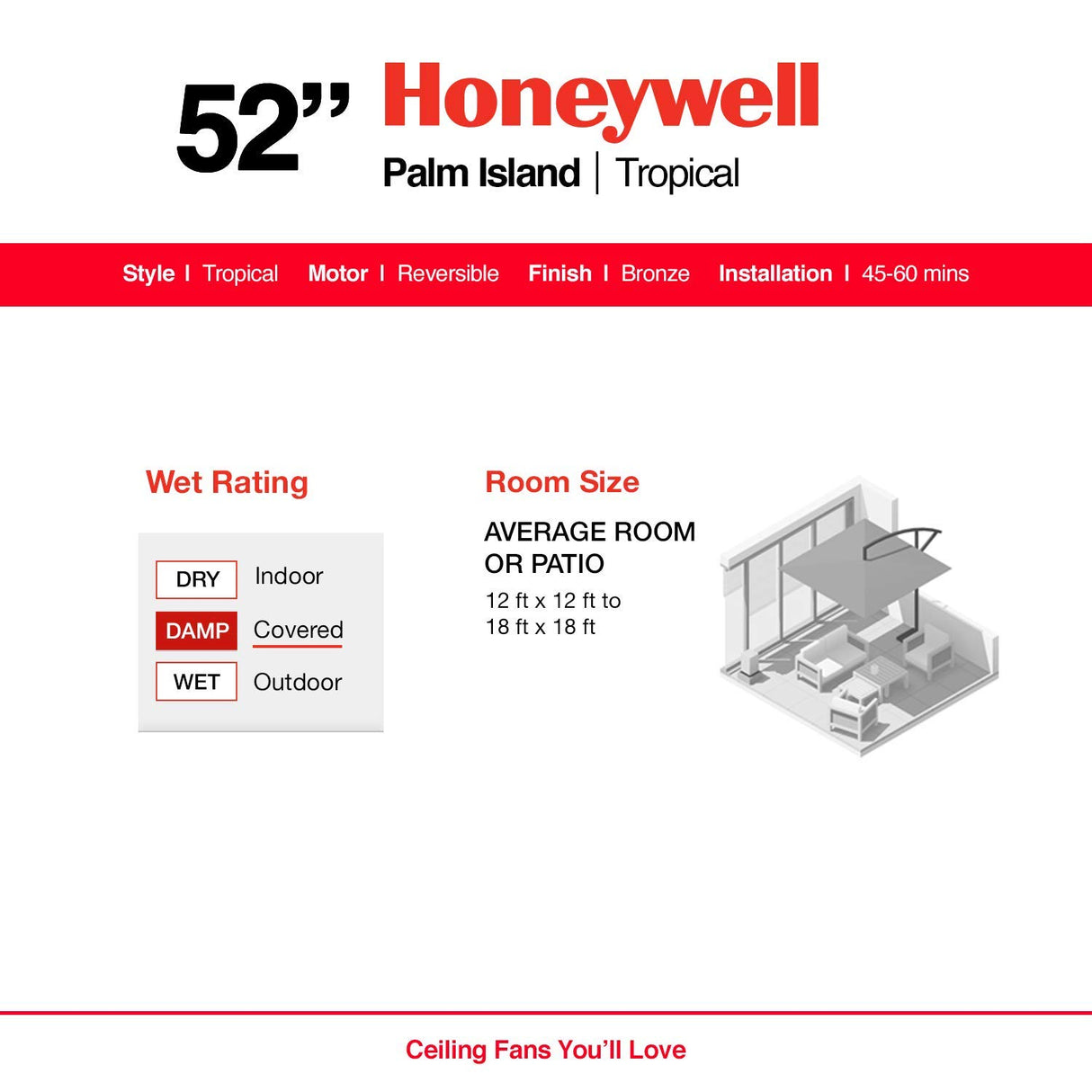 Honeywell Ceiling Fans Palm Island, 52 Inch Tropical Indoor Outdoor Ceiling Fan with No Light, Pull Chain, Three Mounting Options, 5 Palm Leaf Blades, Wet-Rated - 50207-01 (Bronze) Honeywell Ceiling Fans