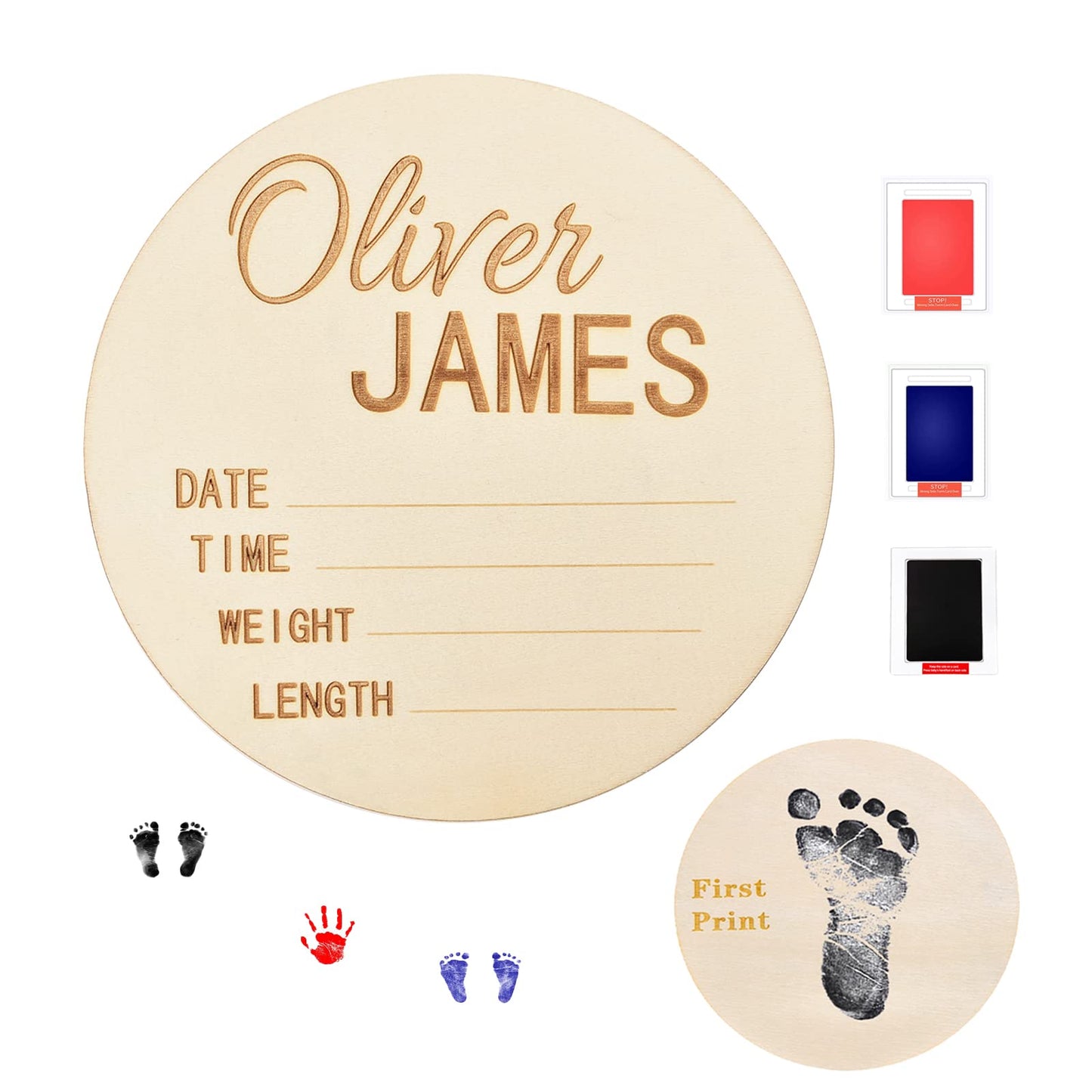 Newborn Announcement Sign Wooden for Baby Name and Birth Details for Hospital Custom Photo Baby Announcement Sign Fingerprint Footprints can be Left - WoodArtSupply