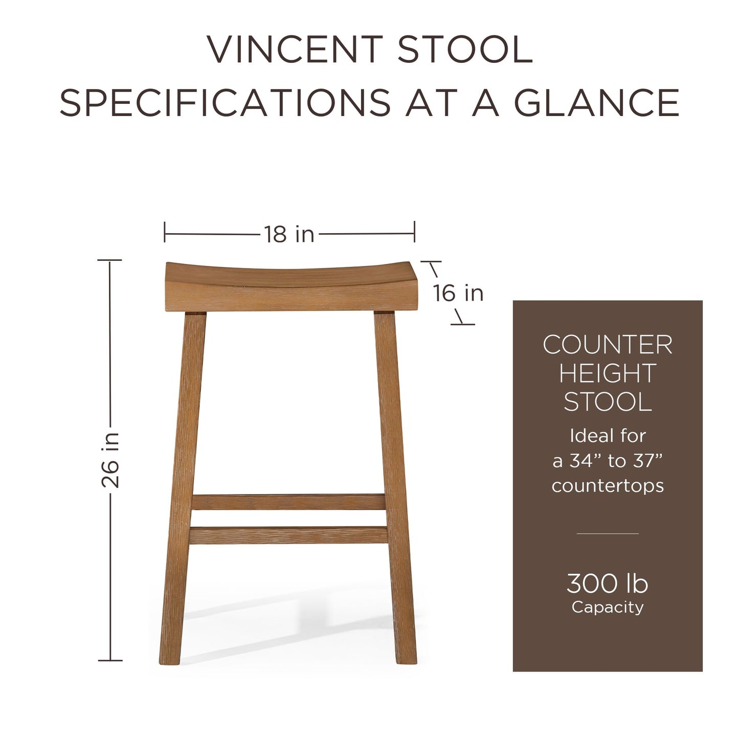 Maven Lane Vincent 26 Inch Tall Counter Height Backless Rectangular Saddle Barstool in Antiqued Natural Finish with Rustic Wood Top Seat - WoodArtSupply