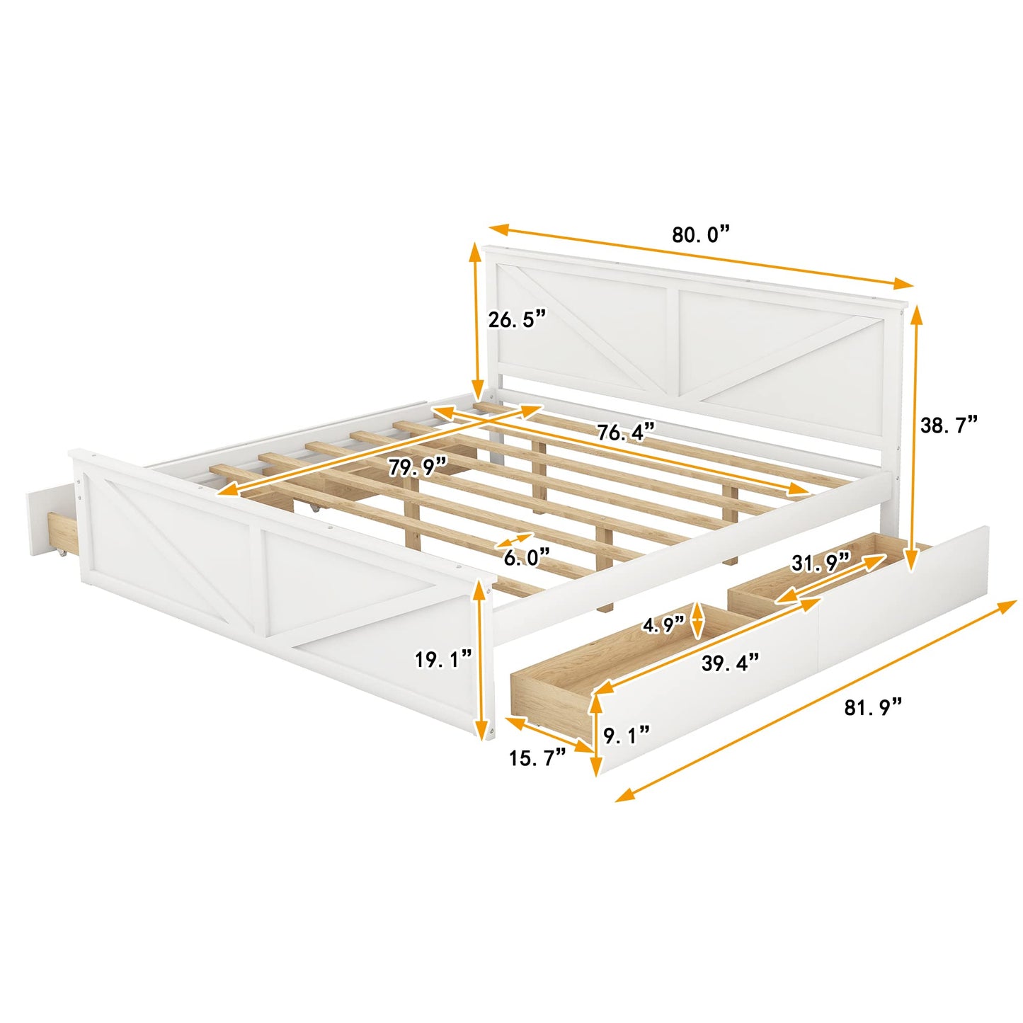 LZ LEISURE ZONE King Size White Wooden Platform Bed with 4 Storage Drawers and Headboard - WoodArtSupply