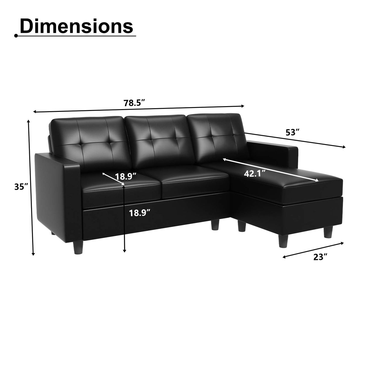 HONBAY Faux Leather Sectional Sofa Convertible L Shape Couch for Small Space, Black HONBAY