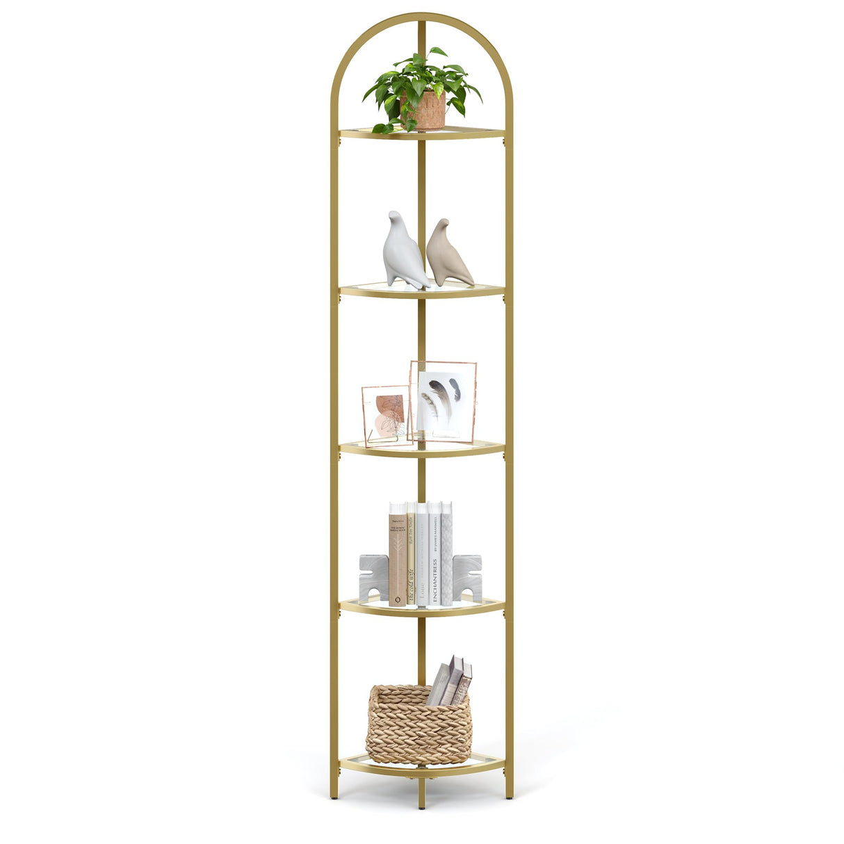 VASAGLE 5-Tier Corner Shelf Stand, Corner Bookshelf, Bathroom Organizer, Plant Stand, Tempered Glass, Steel Frame, Modern Style, for Living Room, Bathroom, Kitchen, Metallic Gold ULGT810A01 VASAGLE