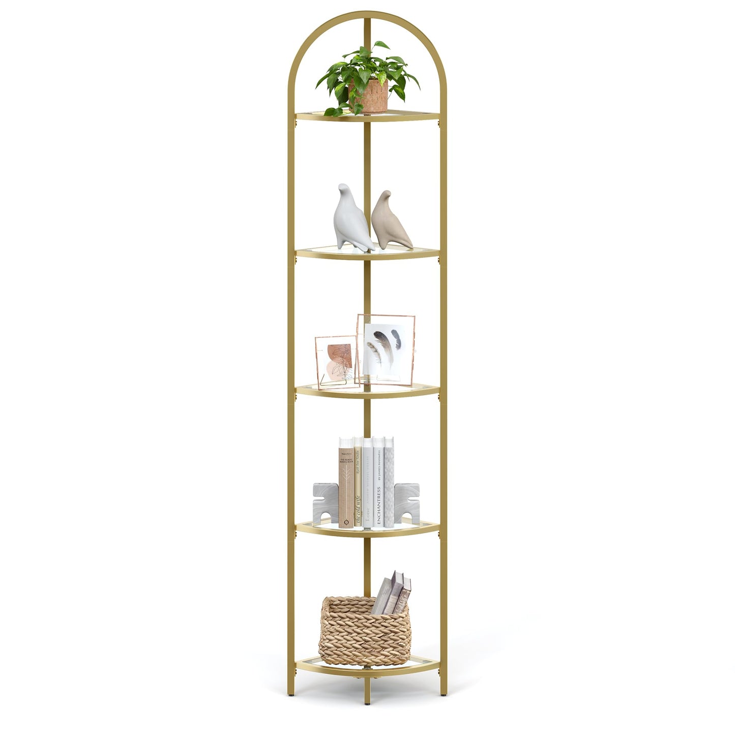 VASAGLE 5-Tier Corner Shelf Stand, Corner Bookshelf, Bathroom Organizer, Plant Stand, Tempered Glass, Steel Frame, Modern Style, for Living Room, Bathroom, Kitchen, Metallic Gold ULGT810A01