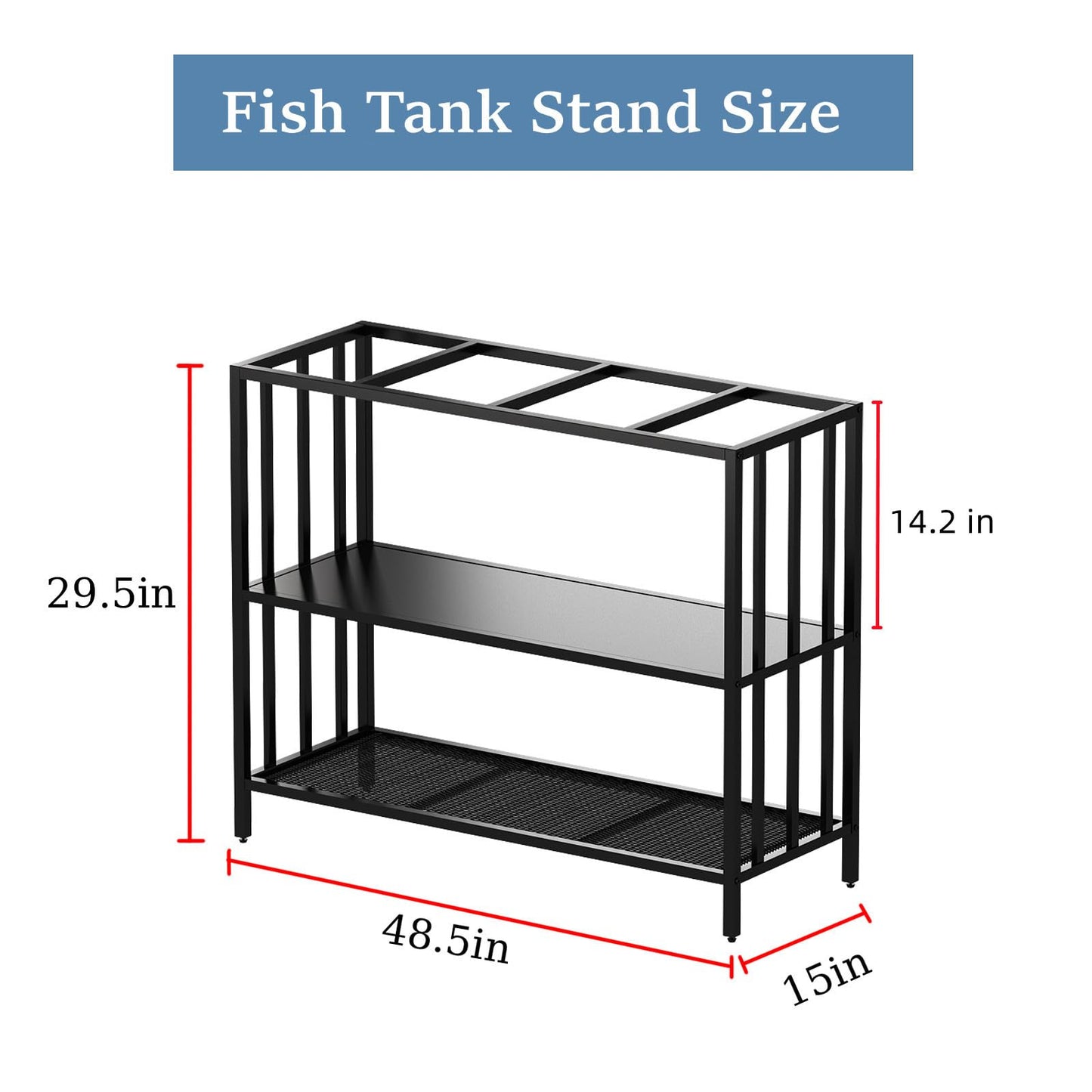 WOULHOMY Fish Tank Stand with Metal Shelves, 55 Gallon Aquarium Stand Heavy Duty Turtle Tank Terrariums Tank Breeder Reptile Tank Stand for Home Office, 48.4” x 14.9” x 29.5” (Black)