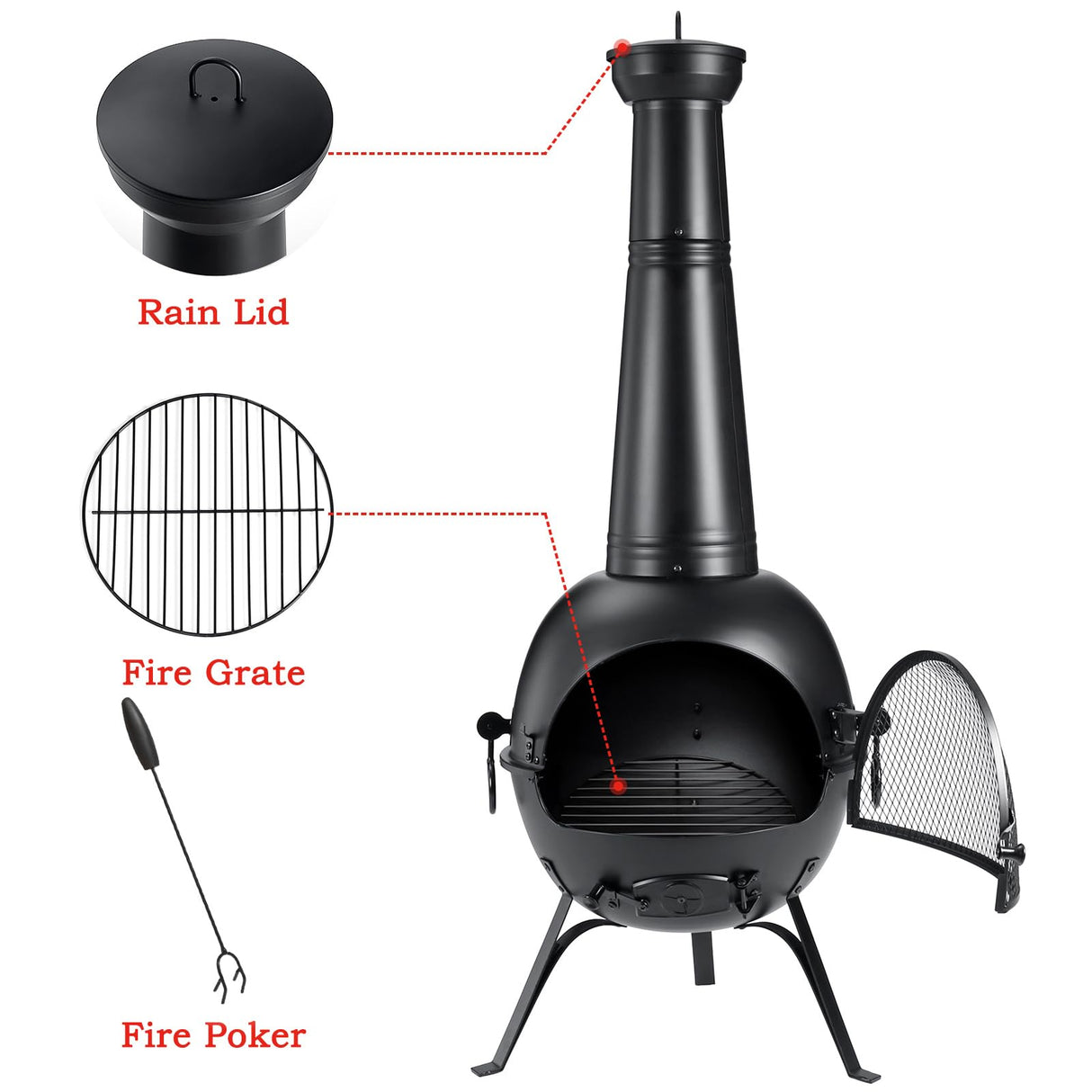 SINGLYFIRE Prairie Fire Outdoor Chiminea Fireplace Deck or Patio Backyard Wooden Fire Pit with Chiminea Cover Rust-Free Iron Black SINGLYFIRE