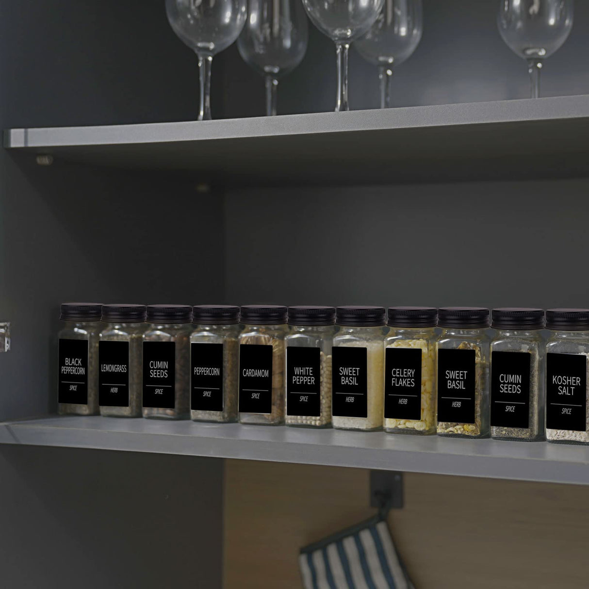 Churboro 66 Spice Jars with 547 Labels- Glass Spice Jars with Black Metal Caps, 4oz Empty Spice Containers with Shaker Lids, Funnel, Chalk Pen, Square Seasoning Bottles for Spice Rack, Drawer, Cabinet Churboro