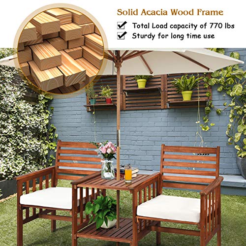 Tangkula Acacia Wood Loveseat, 3pcs Outdoor Table Chairs Set, Patio Conversation Set w/Coffee Table and Soft Cushions, 2.1-inch Umbrella Hole, 2-Seater Furniture Set (White) Tangkula