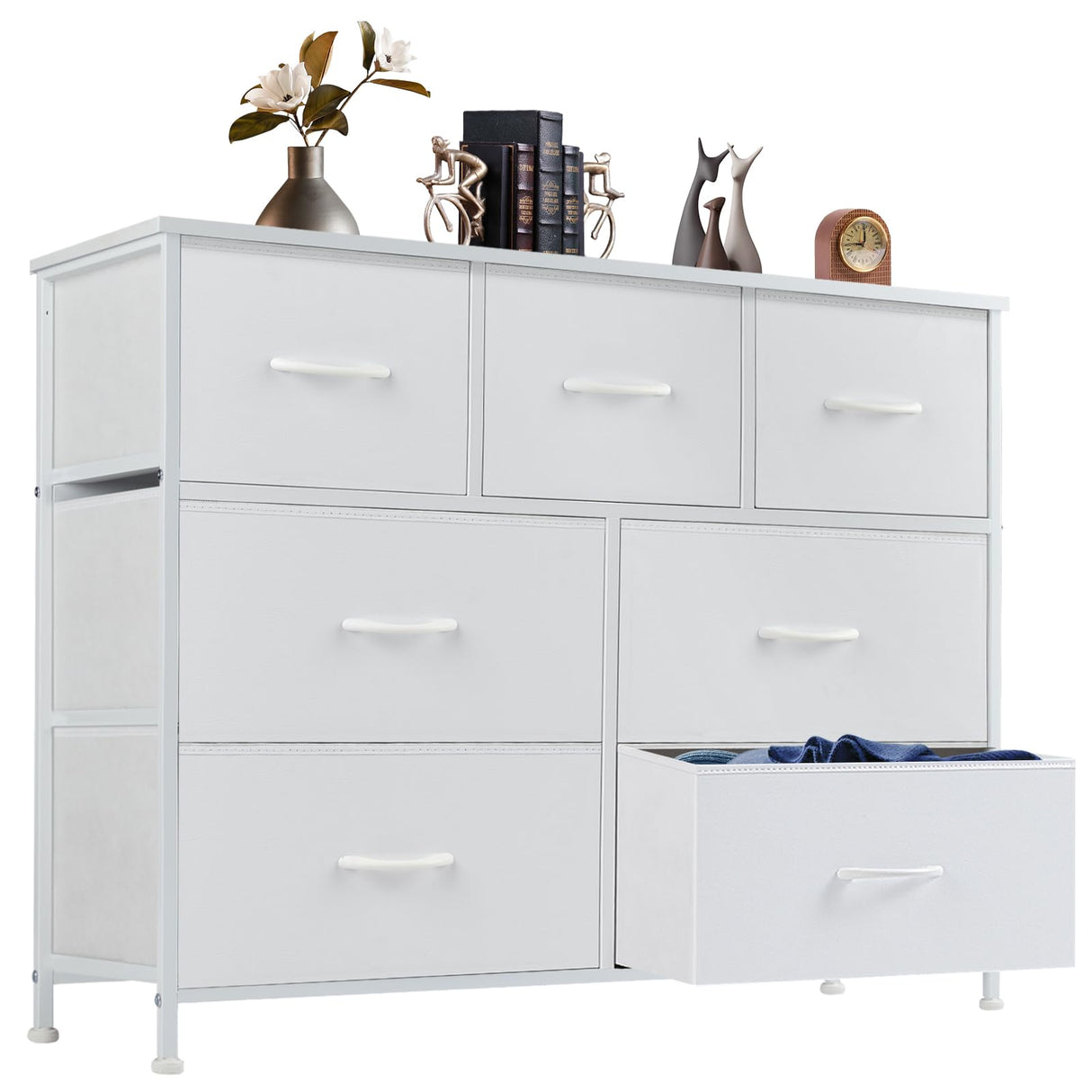 DUMOS Dresser for Bedroom with 7 Drawers, Storage Organizer Units Furniture, Chest Tower TV Stand with Fabric Bins, Metal Frame, Wooden Top for Nursery, Living Room, Kidsroom, Closet, White DUMOS