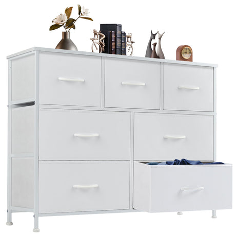 DUMOS Dresser for Bedroom with 7 Drawers, Storage Organizer Units Furniture, Chest Tower TV Stand with Fabric Bins, Metal Frame, Wooden Top for Nursery, Living Room, Kidsroom, Closet, White DUMOS