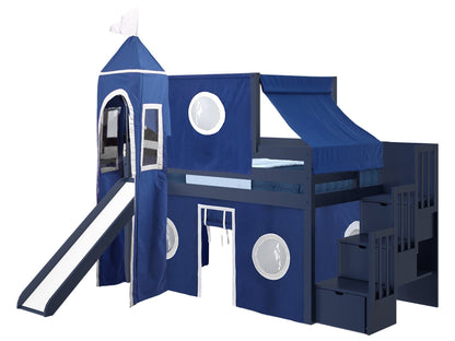 JACKPOT! Castle Stairway Low Loft Bed with 3 Drawers, Slide, Blue and White Tent and Tower, Twin, Blue