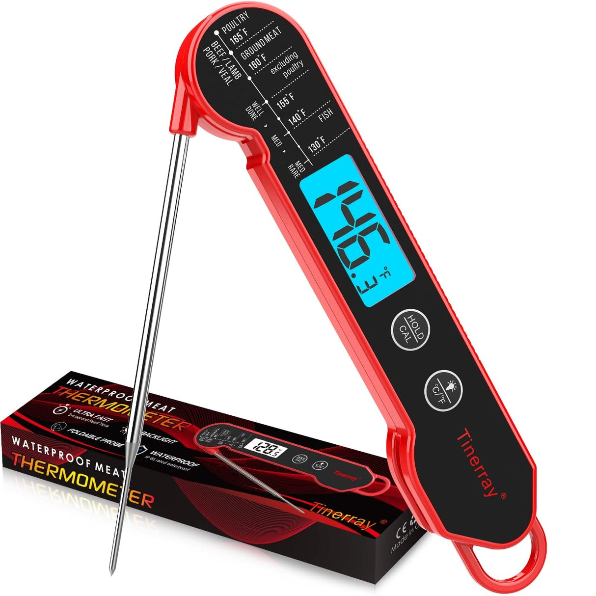 Digital Meat Thermometer for Cooking – Waterproof Instant Read Food Thermometer with Backlight & Calibration, Fast Read, Folding Probe for BBQ, Grill, Candy, Deep Fry, Kitchen, Liquids, Beef（Red） Tinerray