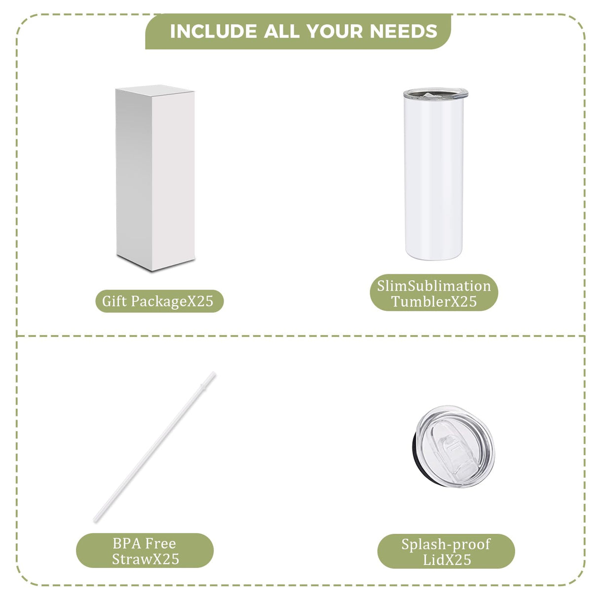 ZREGGUR Sublimation Blank Tumblers bulk 20 oz glow in dark Luminous green， 25Pack Stainless Steel Double Wall Insulated Straight Cups White with Lid and straw, Individually Box,Heat Transfer ZREGGUR