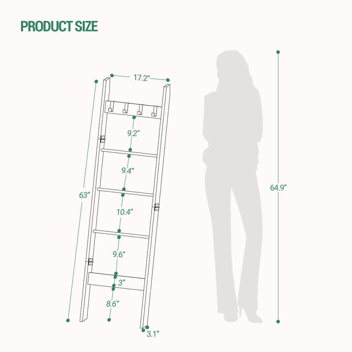 Hzuaneri Blanket Ladder Shelf for Living Room, Decorative Quilt Rack with 4 Removable Hooks, 5-Tier Farmhouse Ladder Holder Organizer for Bedroom, Greige and Black BR02105B Hzuaneri