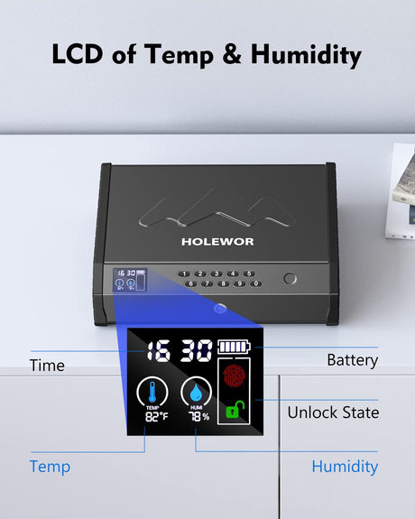 HOLEWOR Gun Safe, Biometric Gun Safes for Pistols with LCD Display of Temperature Humidity, Fingerprint Quick Access Pistol Safe Solid Handgun Safe with USB C Port HOLEWOR