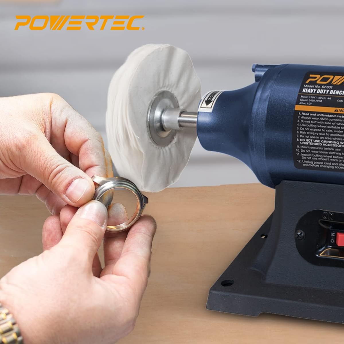 POWERTEC 6-Inch Bench Buffer Jewelry Polisher - Includes 5PCs 80Ply Buffing Wheels + 3PCs Polishing Compound Set | Benchtop Buffing Machine for Metal, Jewelry, Knives, Wood, Jade, and Plastic (BF601D) POWERTEC