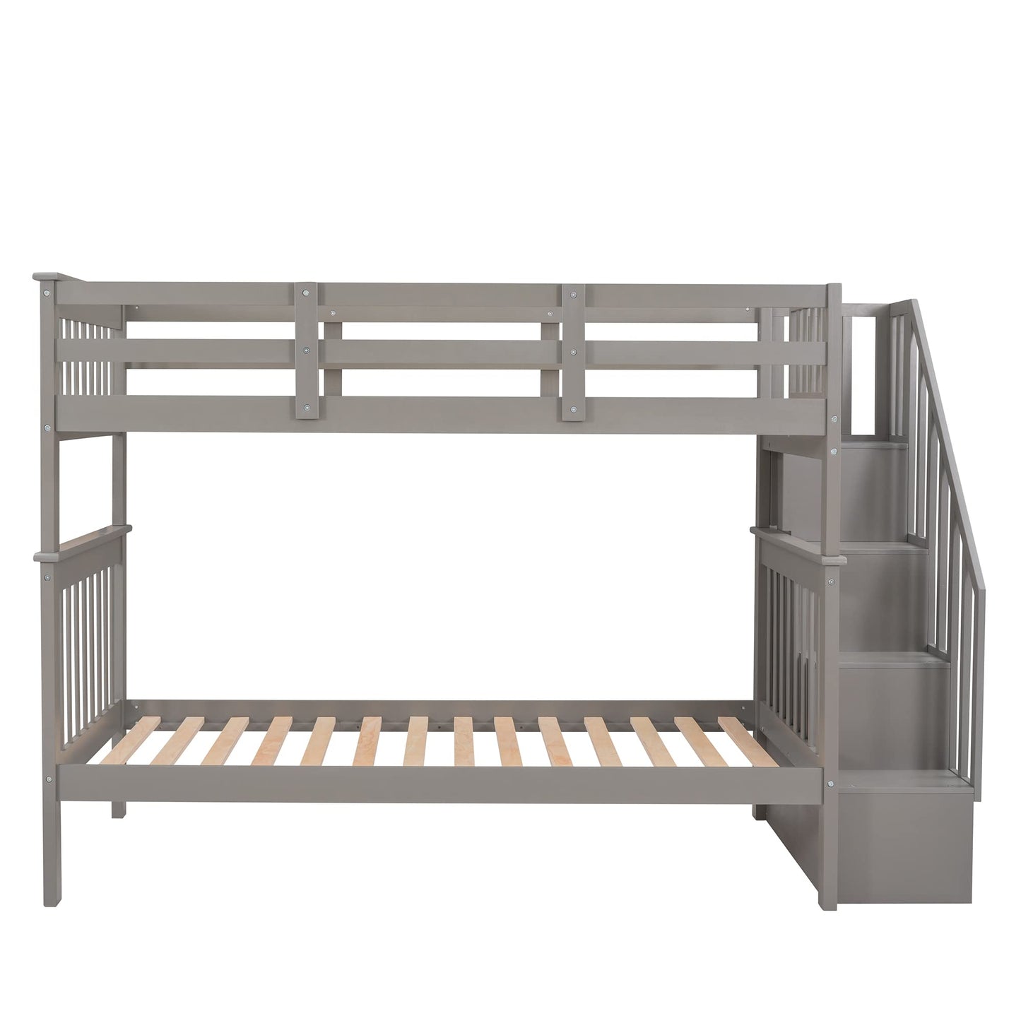 Harper & Bright Designs Twin Over Twin Bunk Bed with Stairs, Solid Wood Bunk Bed Frame with Storage and Guard Rail for Bedroom, Dorm, for Kids, Teens, Adults (Gray)