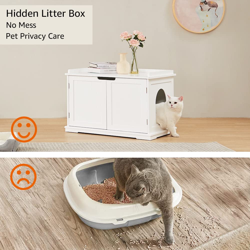 unipaws Cat Litter Box Enclosure Furniture, Cat Washroom, Hidden Litter Box Cover, Cabinet for Large Cat, Dog Proof Cat Litter Boxes, Hideaway Litter Box, Cat House, White unipaws