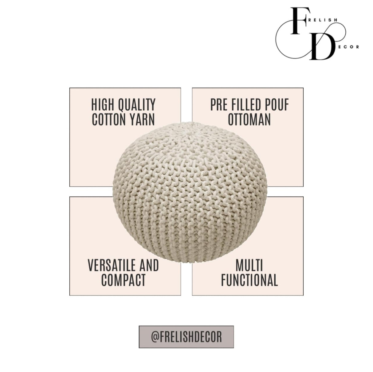 FRELISH DECOR Round Pouf Ottoman Hand Knitted 100% Cotton Pouf Foot Stool - Knitted Bean Bag - Floor Chair for Living Room Bedroom - Foot Rest for Couch (20 Diameter x 14 Height) - Natural FRELISH DECOR