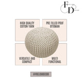 FRELISH DECOR Round Pouf Ottoman Hand Knitted 100% Cotton Pouf Foot Stool - Knitted Bean Bag - Floor Chair for Living Room Bedroom - Foot Rest for Couch (20 Diameter x 14 Height) - Natural FRELISH DECOR