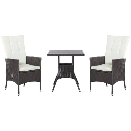 Outsunny 3 Piece Patio Bistro Set, Outdoor PE Wicker Furniture Conversation Set with Tufted Cushion Reclining Chairs & Coffee Table for Backyard, Lawn, Porch, Poolside, Balcony, Cream White Outsunny