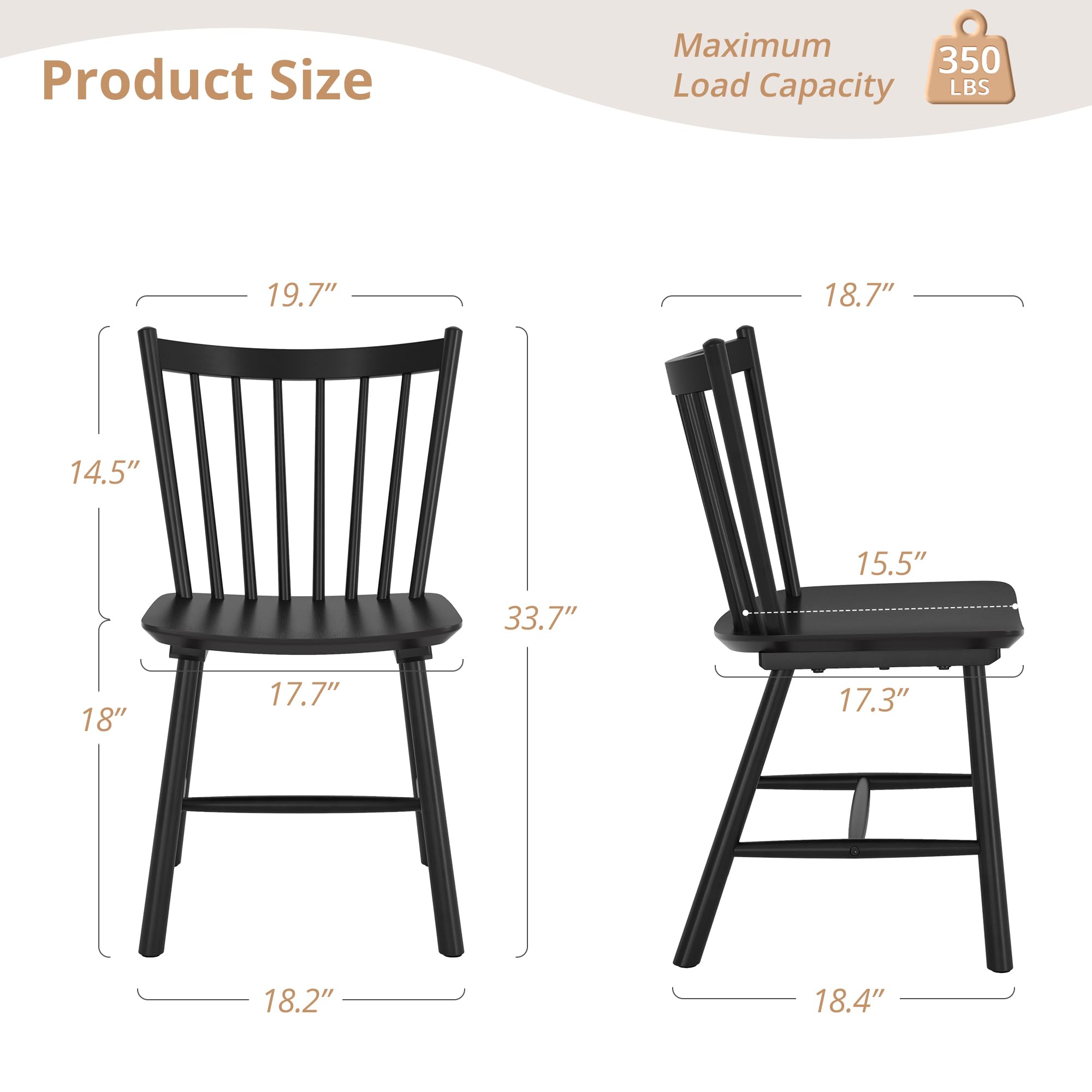 LUE BONA Upgraded Dining Chairs Set of 4, Farmhouse Wooden Spindle Back Kitchen Chairs, Windsor Dining Chairs for Kitchen and Dining Room, Black - Thumbnail 4