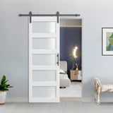 BARNSMITH 30in x 84in Glass Barn Door with 5FT Sliding Door Hardware Kit Included & Handle & Lock,5-Panel Frosted Glass Barn Door Solid Wood Water-Proof PVC Surface,Pre-Drilled Easy Assembly,White BARNSMITH