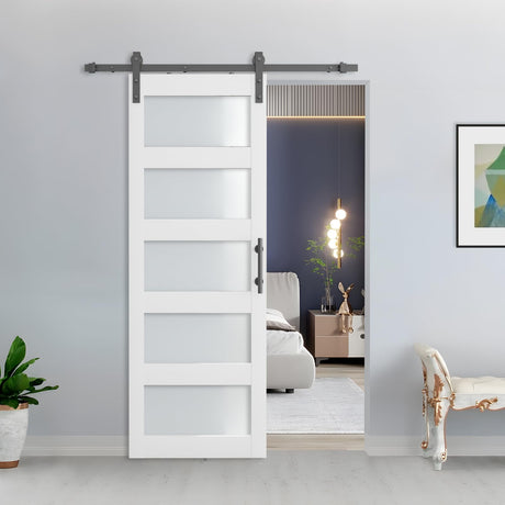 BARNSMITH 30in x 84in Glass Barn Door with 5FT Sliding Door Hardware Kit Included & Handle & Lock,5-Panel Frosted Glass Barn Door Solid Wood Water-Proof PVC Surface,Pre-Drilled Easy Assembly,White BARNSMITH