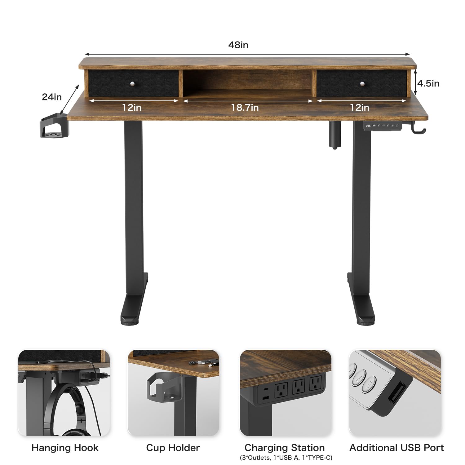 Saedew Electric Adjustable Standing Desk, Sit Stand Desk with Power Outlets & LED Lights 48”Adjustable Height Standing Desk with Drawers Adjustable Table Desk Riser for Home Office - WoodArtSupply