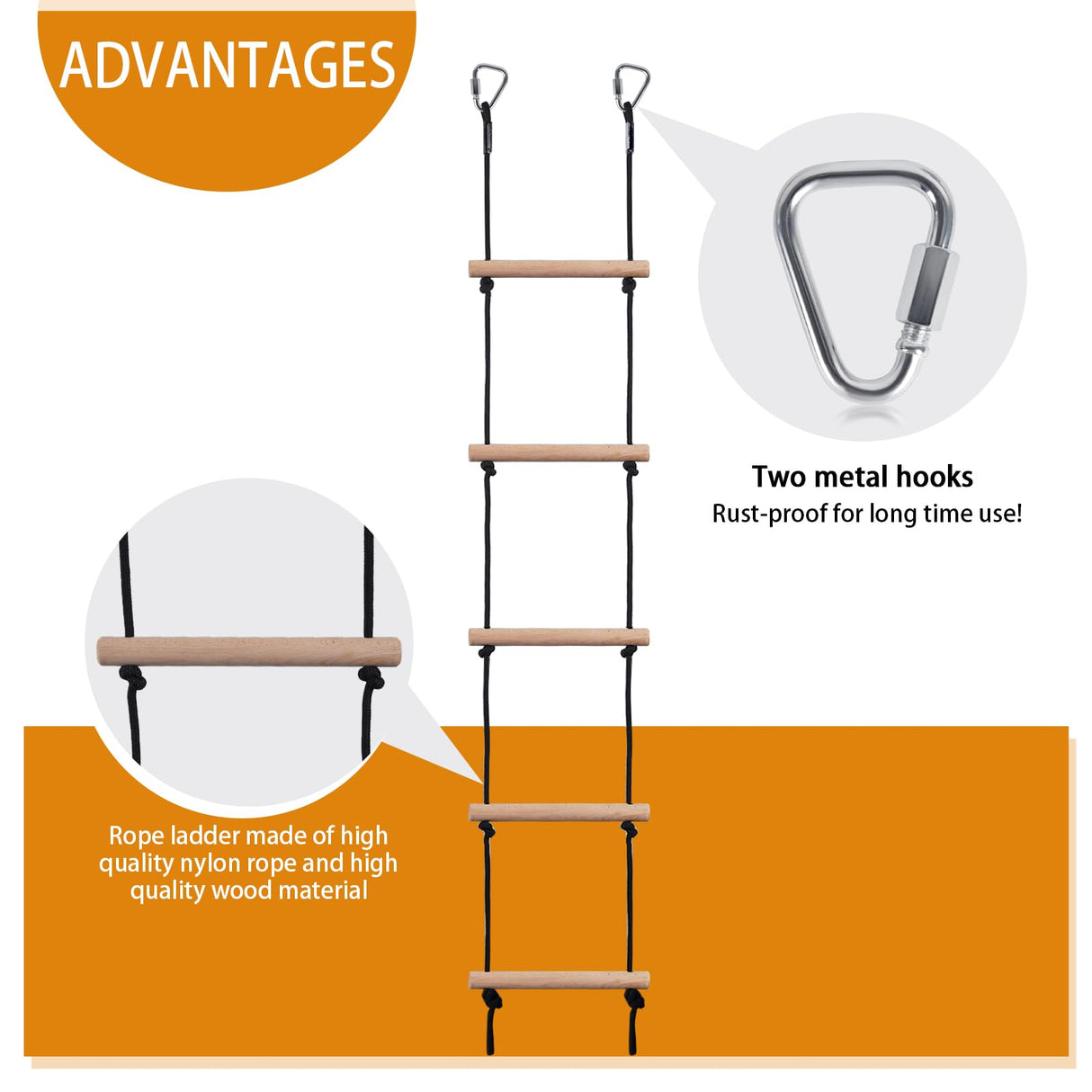 ChengFu Swing Rope Ladder, Hanging Rope Ladders, Ninja Warrior Obstacle Course Accessories, Kids Climbing Game Hanging Ladder for Swing Accessories (2 Hooks) ChengFu