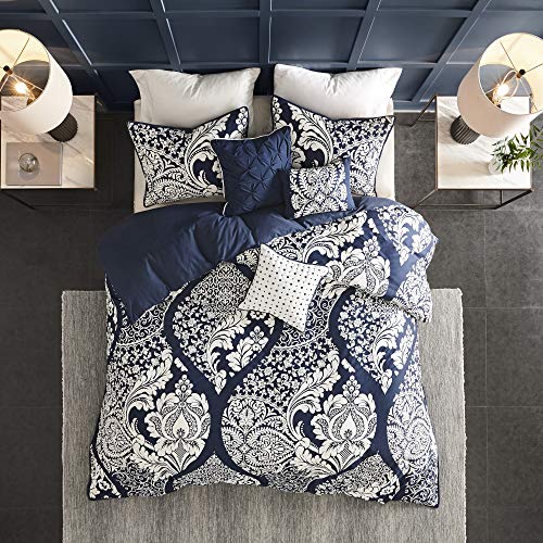 Madison Park Vienna Cotton Poly Blend Duvet Set - Classic Traditional Design, Cozy All Season Comforter Cover, Matching Shams, Decorative Pillows Vienna, King/Cal King(104"x92"), Indigo 6 Piece Madison Park