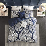 Madison Park Vienna Cotton Poly Blend Duvet Set - Classic Traditional Design, Cozy All Season Comforter Cover, Matching Shams, Decorative Pillows Vienna, King/Cal King(104"x92"), Indigo 6 Piece Madison Park