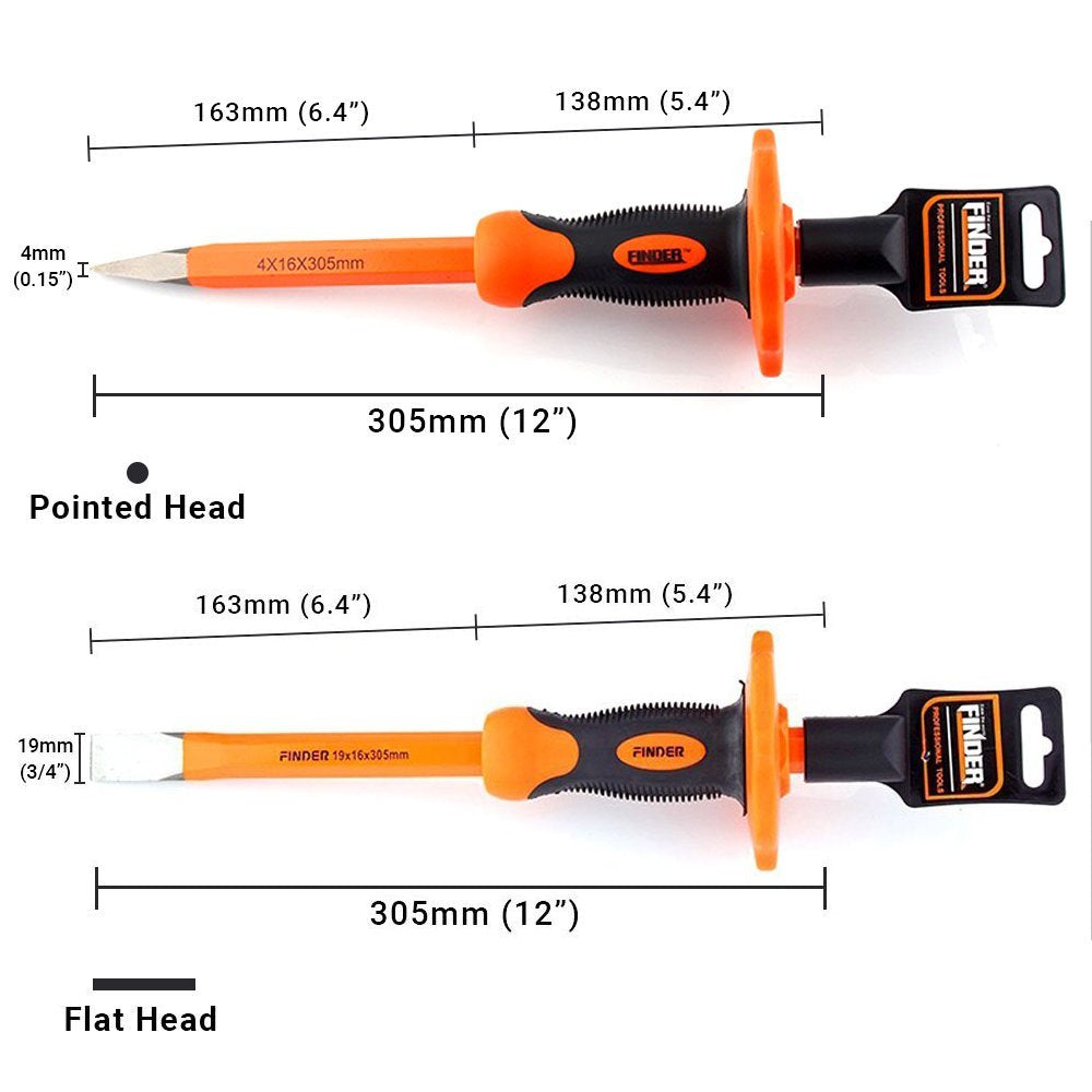 Finder 2 pcs 12-Inch Heavy Duty Chisels Set With Hand Protection, Flat Head and Pointed/Spear Head, Demolishing/Masonry/Carving/Concrete Breaker Chisels set with Bi-Material Hand Guard … FINDER