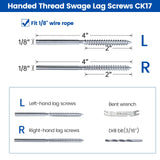 Muzata 120 Pack 1/8" Cable Railing Hardware Kit Swage Lag Screws Left and Right Handed Thread for Wood Post T316 Stainless Steel Deck Cable Railing System 60 Pairs CK17 Muzata