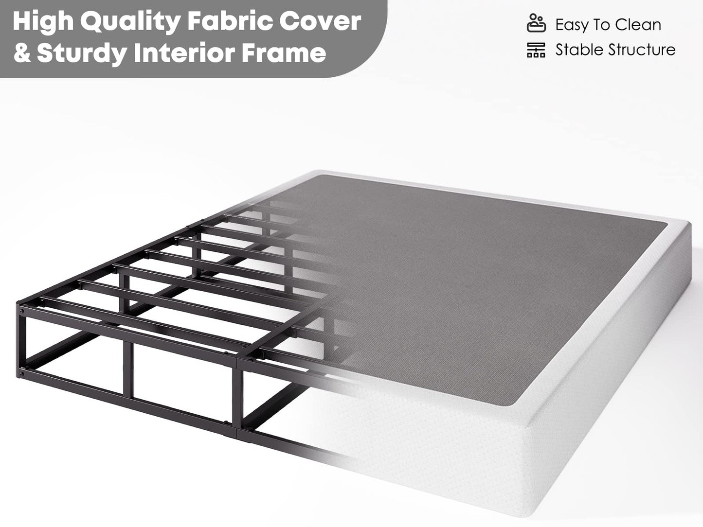 RLDVAY King-Box-Spring, 9 inch Metal King Size Box Spring Only, Heavy Duty Box Spring King with Fabric Cover, Easy Assembly, Non Slip, Noise Free