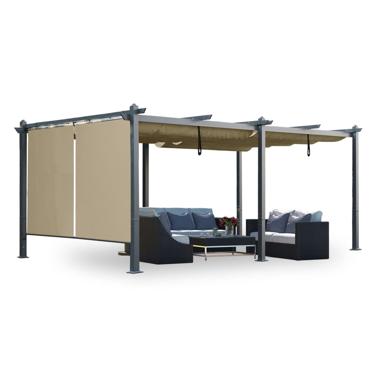 Aoodor 12 x 20 FT Outdoor Pergola with Retractable Shade Canopy, Dark Gray Matte Aluminum Frame, 2 Pieces Roller Shade Curtain, Grape Trellis Pergola Aoodor