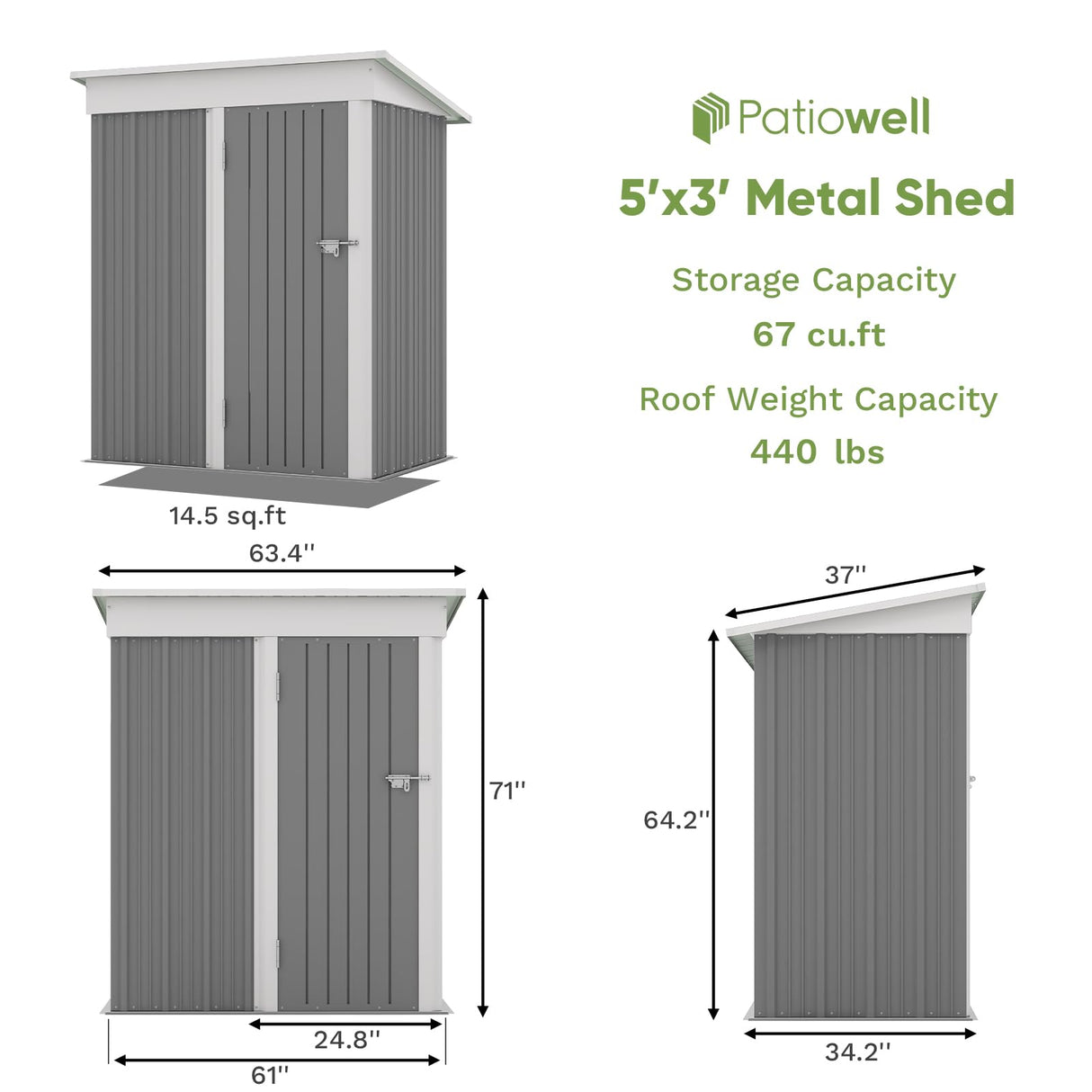 Patiowell 5x3 FT Outdoor Storage Shed, Garden Tool Shed with Sloping Roof and Lockable Door, Metal Shed for Backyard Garden Patio Lawn, Gray Patiowell
