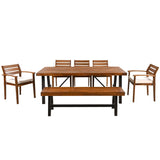 7-Piece Outdoor Dinning Table Set for 7-8, Acacia Wood Patio Table and Chairs Set with Adjustable-Leg & Cushions, Patio Dining Furniture Set for Garden, Balcony, Backyard (Acacia Wood, 7 Piece) GUANGHONG