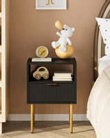 AEPOALUA Nightstand,Small Bedside Table with Gold Frame,Black Night Stand,Bedside Furniture,End Table,Side Table with Drawer and Shelf for Bedroom,Living Room (Modern-Stripe, Black) AEPOALUA