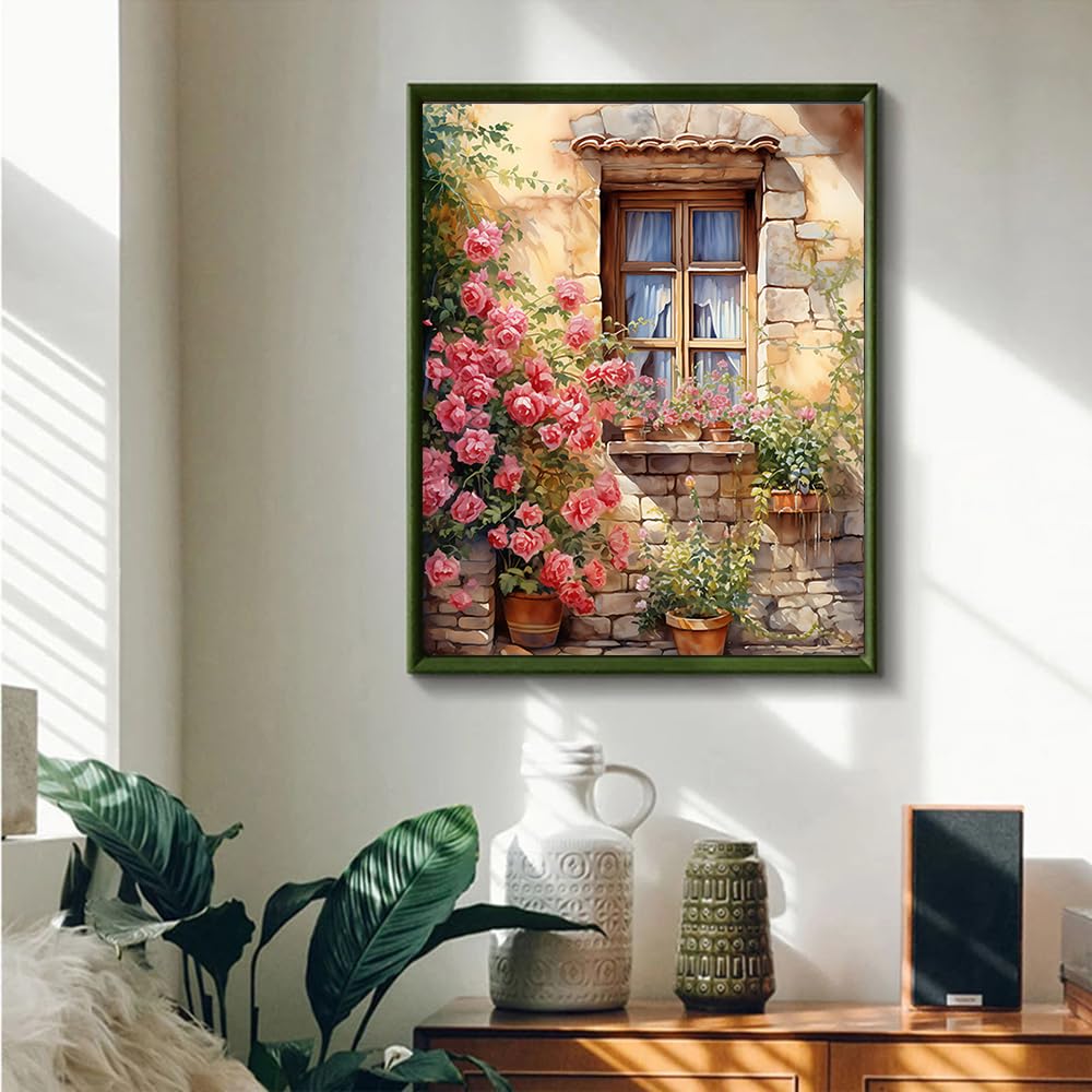 JUJUHOOD Windows Roses Paint by Numbers Kit for Adults,Flower Adult Paint by Number Kits,DIY Acrylic Paint by Number on Canvas for Home Wall Decor 16X20 Inch JUJUHOOD
