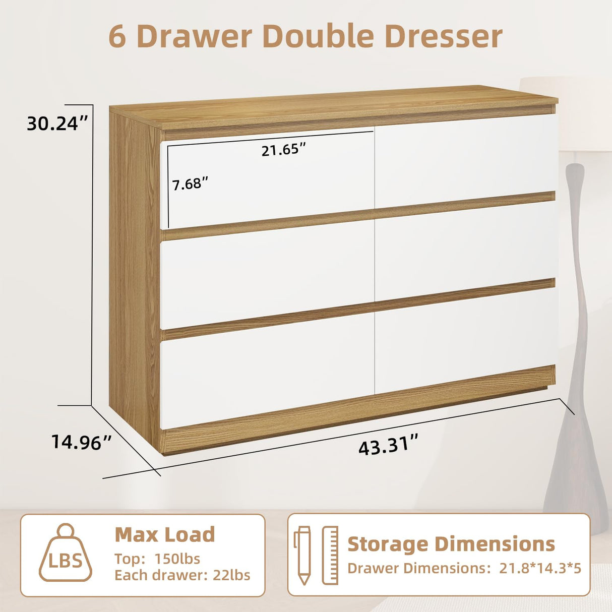 YIGOBUY 6 Drawer Double Dresser, Modern White Wood Chest of Drawers, Wide Natural Wood Dresser for Bedroom, Nursery, Living Room, Large Storage Cabinet YIGOBUY