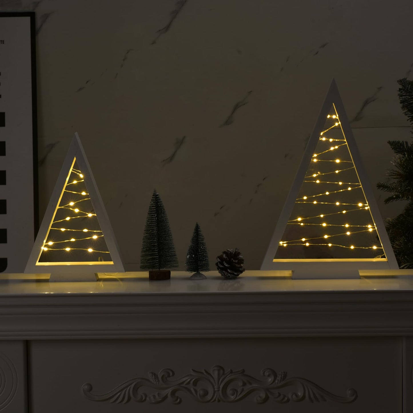 Lighted Christmas Tabletop Decorations, 2Pcs LED Lights Wooden Christmas Tree Table Decor Battery Operated Wood Craft Light Up Ornament for Holiday Winter Party Desk Home Mantel Display Xmas (White)