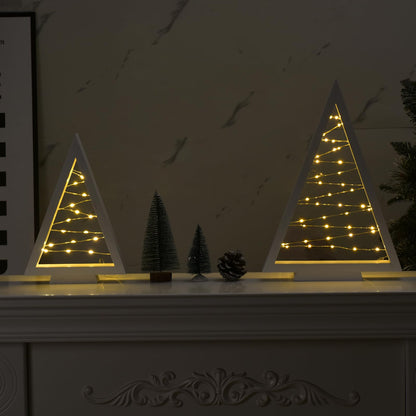 Lighted Christmas Tabletop Decorations, 2Pcs LED Lights Wooden Christmas Tree Table Decor Battery Operated Wood Craft Light Up Ornament for Holiday Winter Party Desk Home Mantel Display Xmas (White)