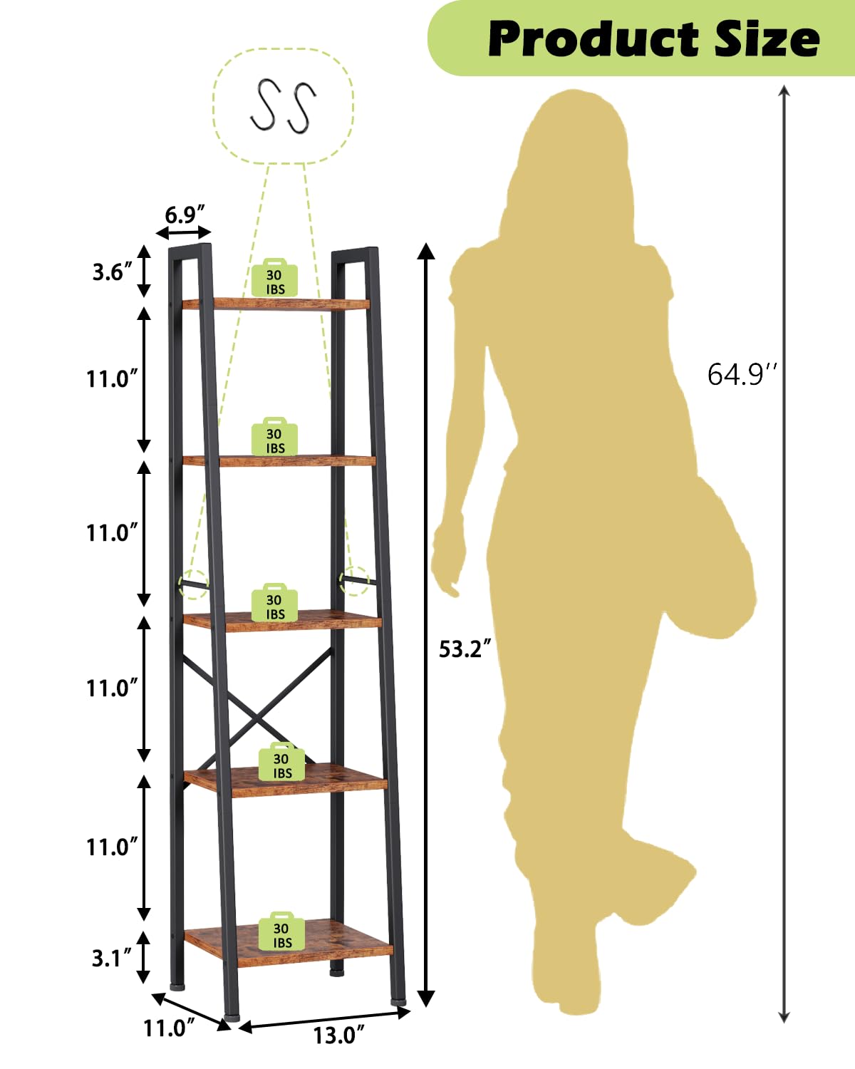 Furologee 5 Tier Ladder Shelf Bookcase, Tall Narrow Bookshelf with 2 Hooks, Rustic Brown Bathroom Corner Book Shelf, Metal Wood Book Case Standing Unit, Display Shelf for Living Room Office Kitchen Furologee