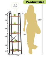 Furologee 5 Tier Ladder Shelf Bookcase, Tall Narrow Bookshelf with 2 Hooks, Rustic Brown Bathroom Corner Book Shelf, Metal Wood Book Case Standing Unit, Display Shelf for Living Room Office Kitchen Furologee