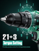 KIMO Hammer Drill - 20V 2X Battery Hammer Drill Cordless Drill Set, 3/8" Keyless Chuck, 350 In-lb Torque, 1350 RPM, 21+3 Position,14pcs Drill/Driver Bits, Power Drill Drivers for Brick Wall Concrete K I M O.