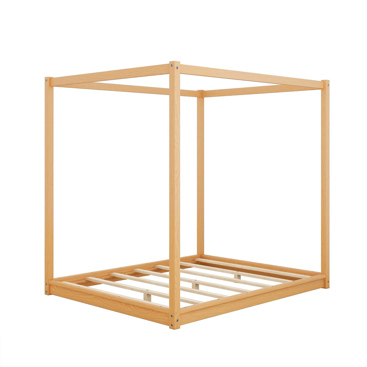 Bellemave Queen Size 4-Poster Canopy Floor Bed Frame, Wood Low Profile Platform Beds with Wooden Slats Support, No Box Spring Needed, Natural Bellemave